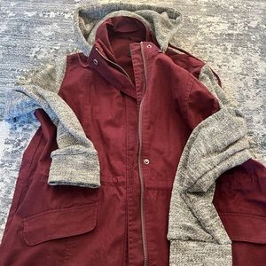 Love tree brand. Size large. Hooded lightweight jacket. Burgundy / maroon & gray
